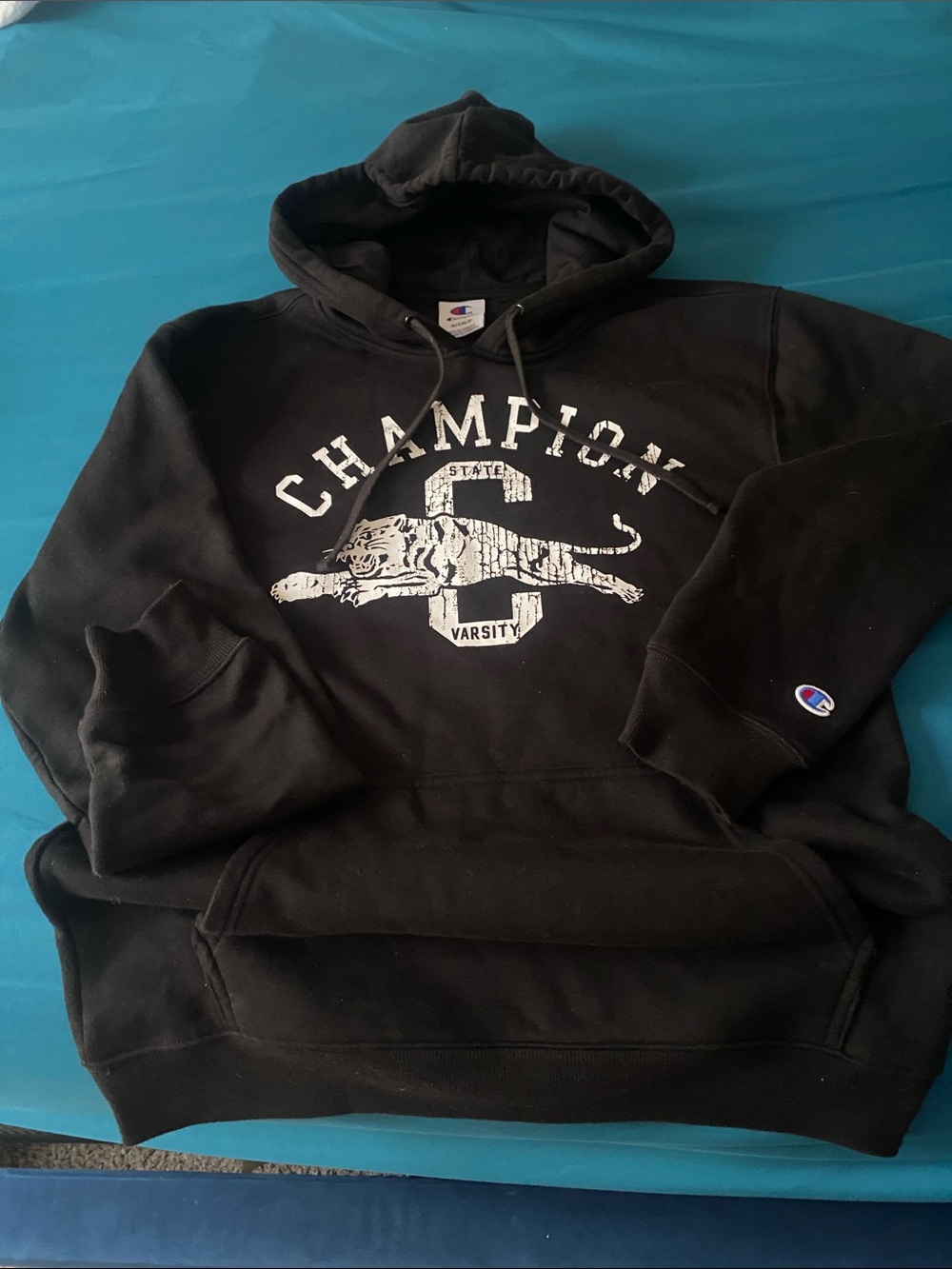 Champion Black Hoodie with White Varsity Graphic